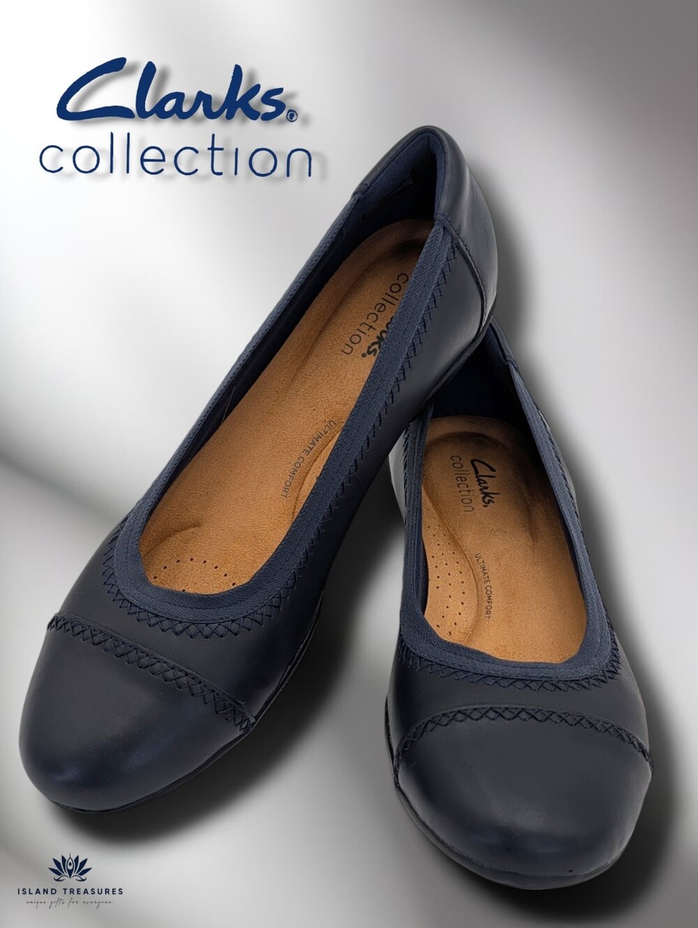 Clarks Collection Size 8.5M Sara Bay Navy Blue Leather Cap Toe Ballet Flat 8.5 M
